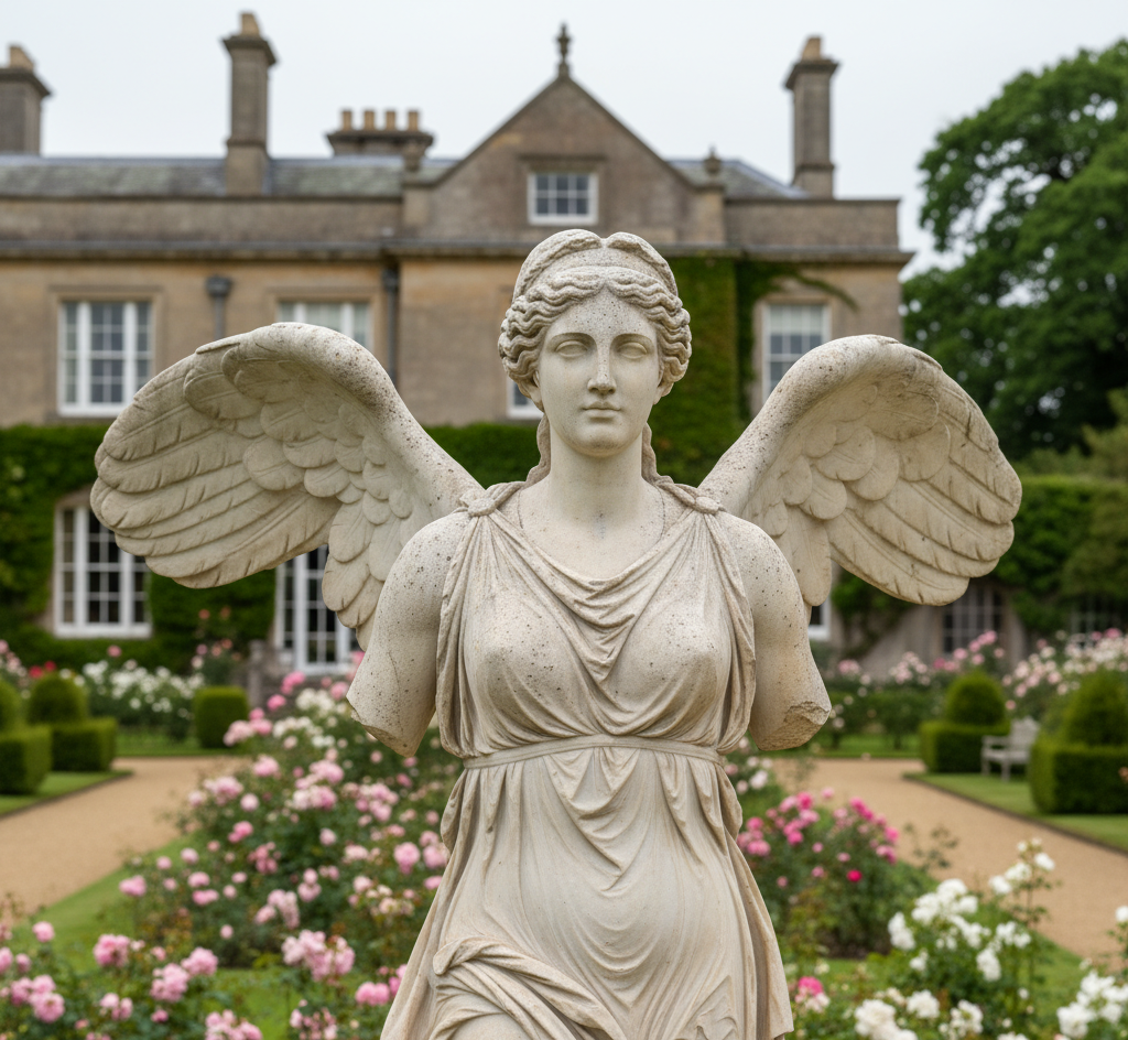 Statue of a winged figure in a garden with a house in the background